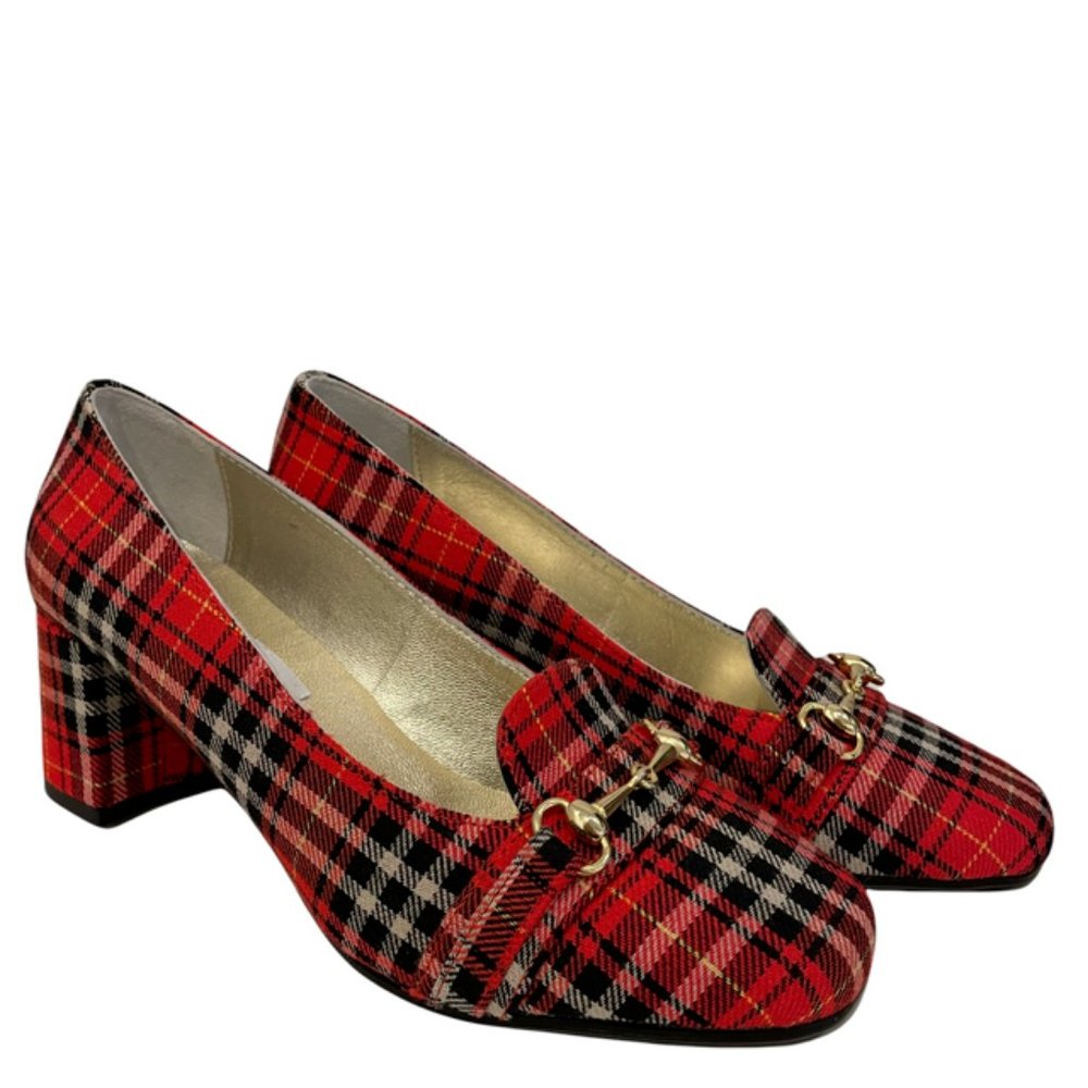 Andrea Carrano Plaid Fabric Red Black Pumps NWB